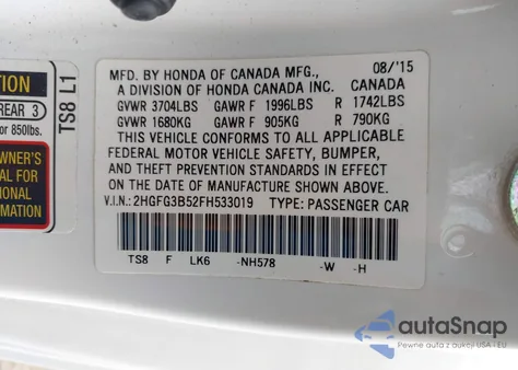 2015 Honda Civic Lx z USA, uszkodzony, nr VIN 2HGFG3B52FH533019